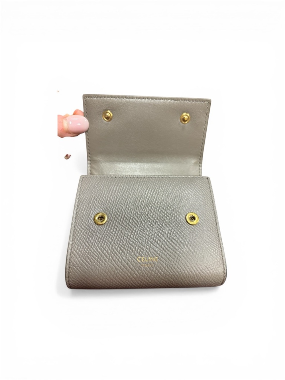 Celine Fold-Over Pebbled Leather Wallet in Taupe with Gold Logo & Hardware - Picture 5 of 8